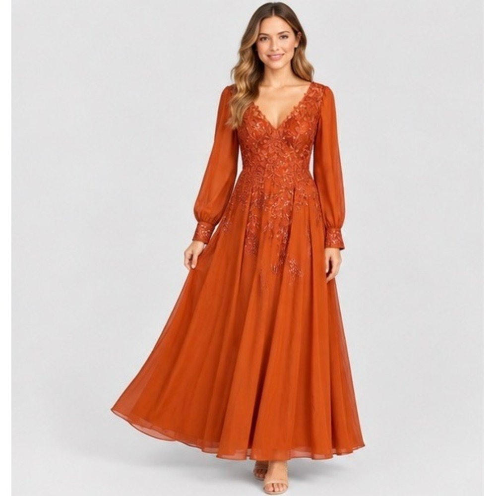 Missacc Womens Orange Lace Maxi Dress V-Neck Sequin Long Sleeve Formal Gown Boho